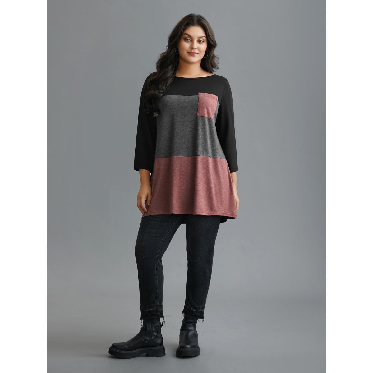 Plus Size Color Block Chest Pocket Round Neck T-Shirt Multicolor Women Casual Contrast Boat Neck Loose Everyday T-shirts BloomChic 28/5X Product Image