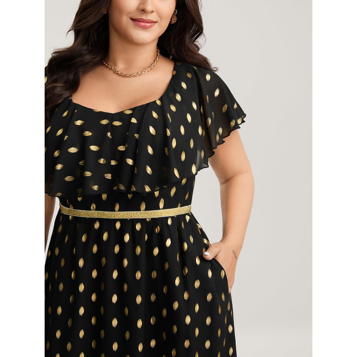 Plus Size Shimmery Polka Dot Stretchy Waist Midi Dress BlackFlower Women Party Curvy Bloomchic 14-16/1X Product Image