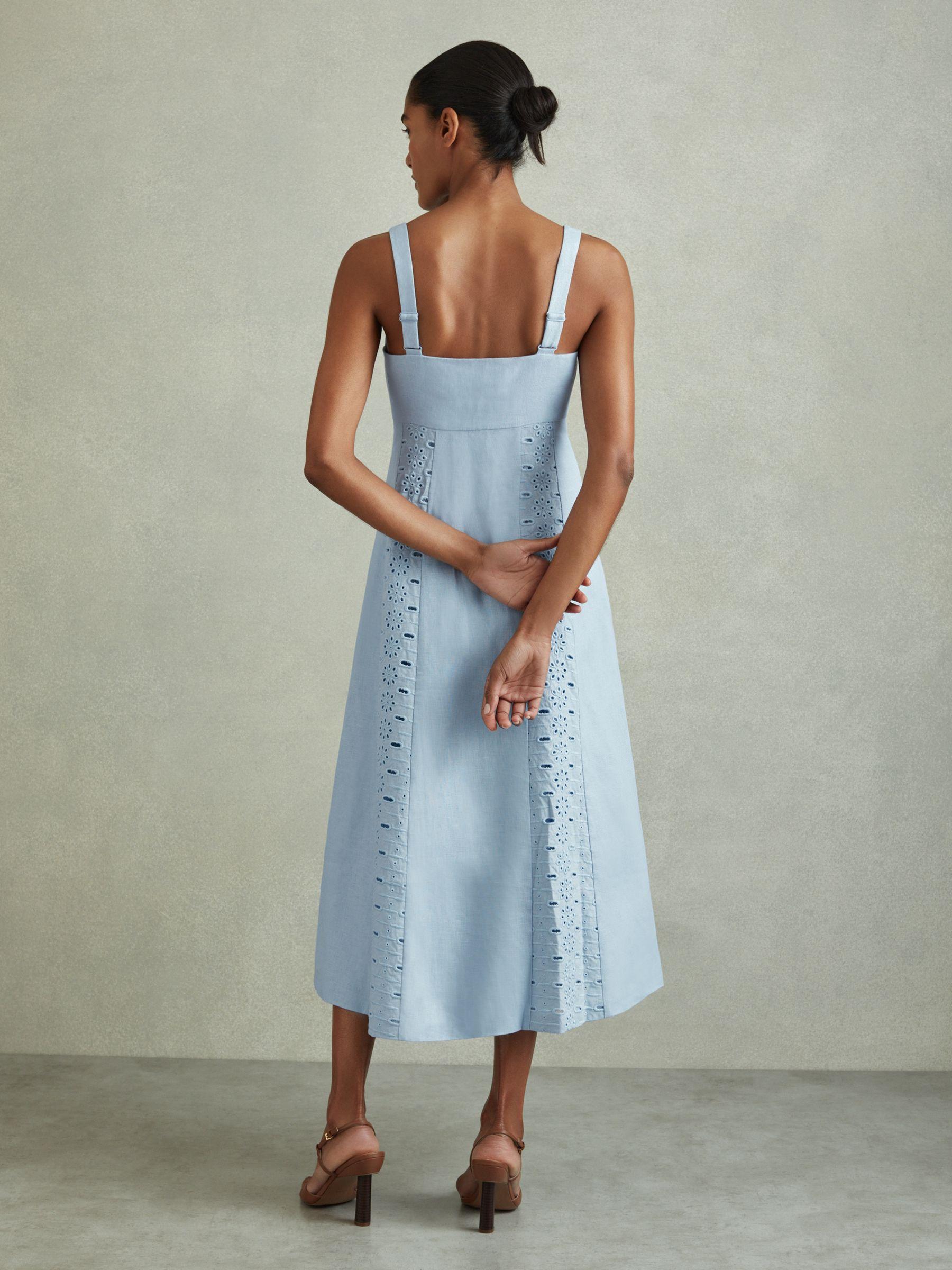 Linen Broderie Midi Dress in Blue Product Image
