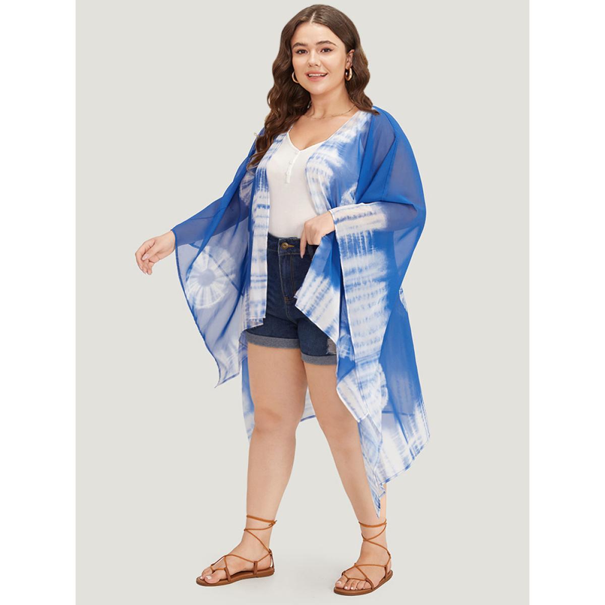 Plus Size UltraCool Tie Dye Asymmetrical Hem Open Front Kimono Women DarkBlue Casual Drape Loose Dailywear Kimonos BloomChic 28/5X Product Image