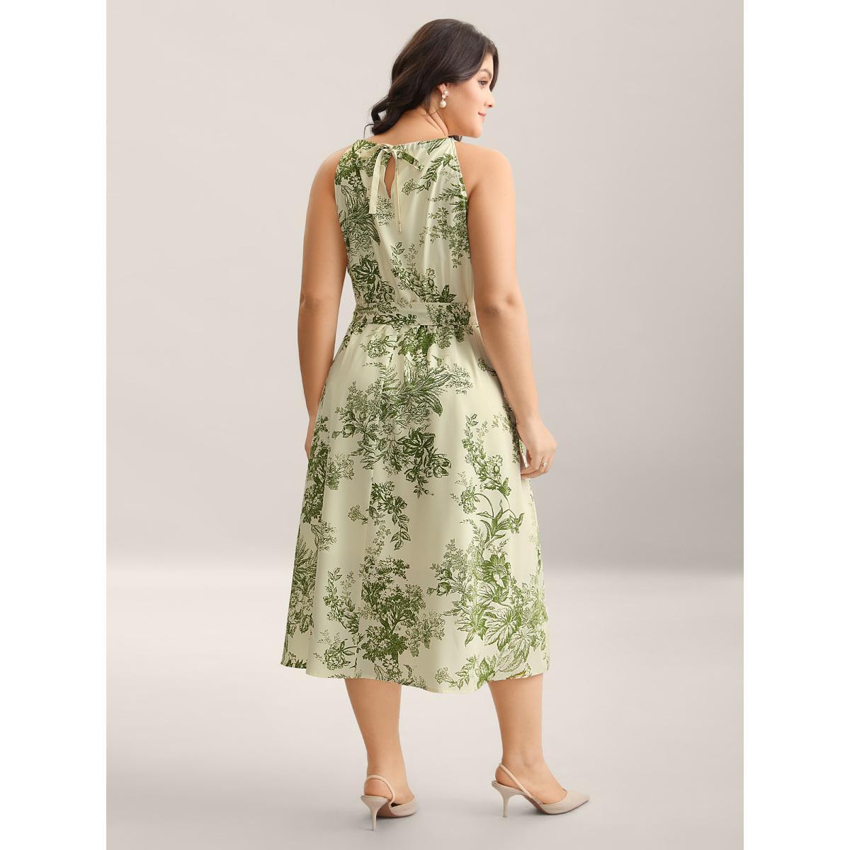 Plus Size Spring Time Florals Sleeveless Midi Dress Moss Women Elegant Gathered Halter neck Sleeveless Curvy BloomChic 26/4X Product Image