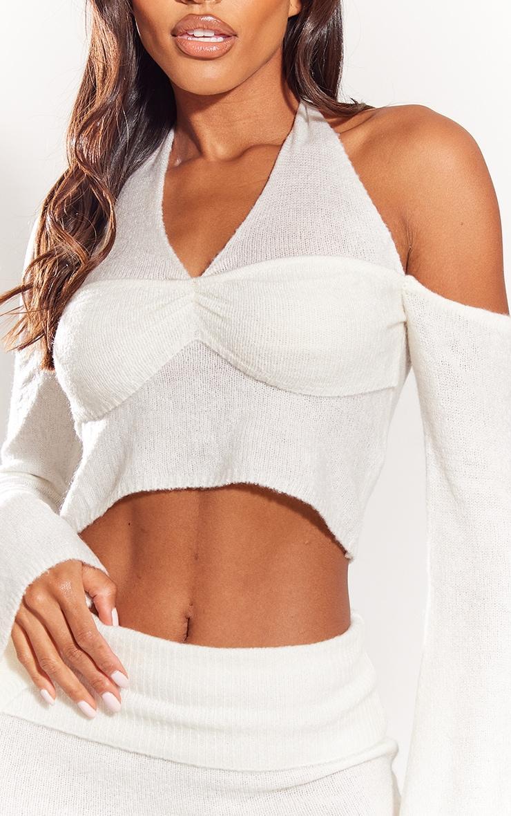 Cream Boucle Knit Halter Neck Flare Sleeve Top Product Image