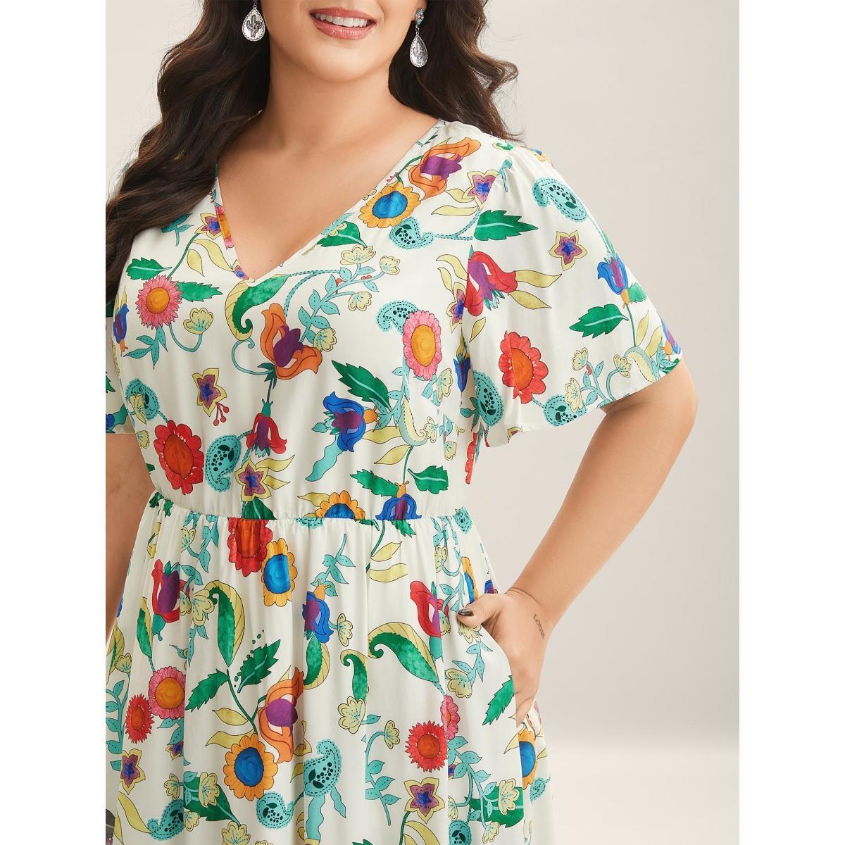 Plus Size Sunkissed Floral V-Neck Pockets Midi Dress Multicolor Women V-neck Short sleeve Curvy BloomChic 18-20/2X Product Image