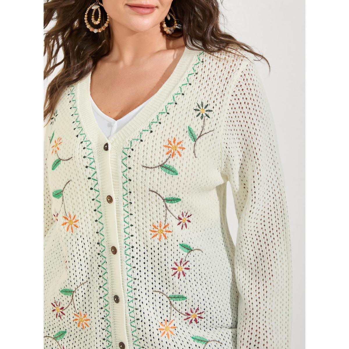 Plus Size Floral Embroidery Flared Sleeve Knit Cardigan Ivory Women Resort Loose Long Sleeve Vacation Cardigans BloomChic 30/6X Product Image