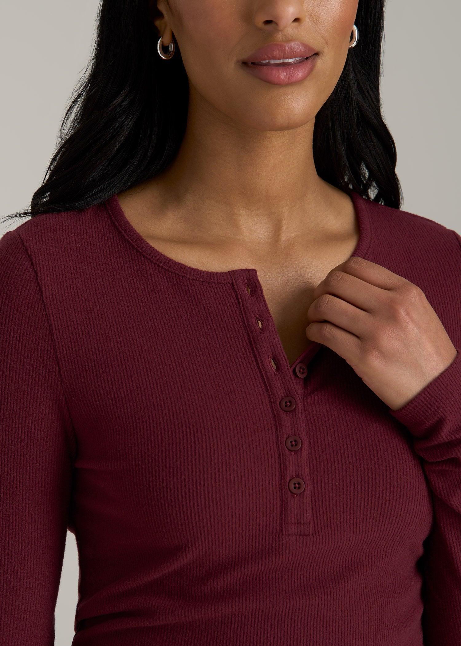 Long Sleeve Ribbed Crewneck Women's Tall Henley Shirt in Red Ochre Product Image