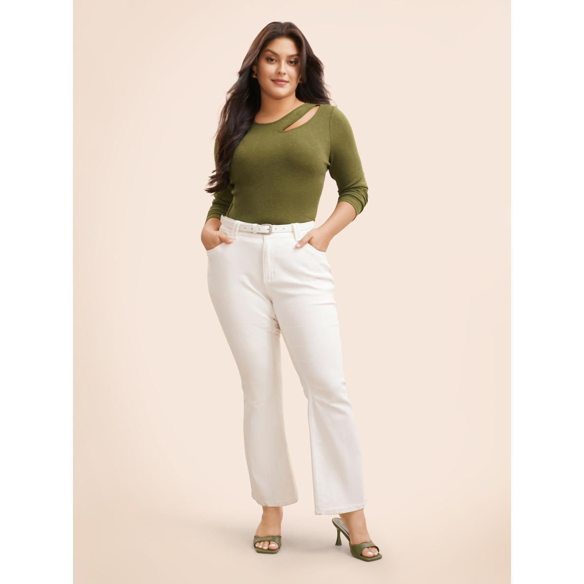 Plus Size Solid Pit Strip Cut Out T-shirt Moss Women Elegant Cut-Out Round Neck Skinny Everyday T-shirts BloomChic 10/M Product Image
