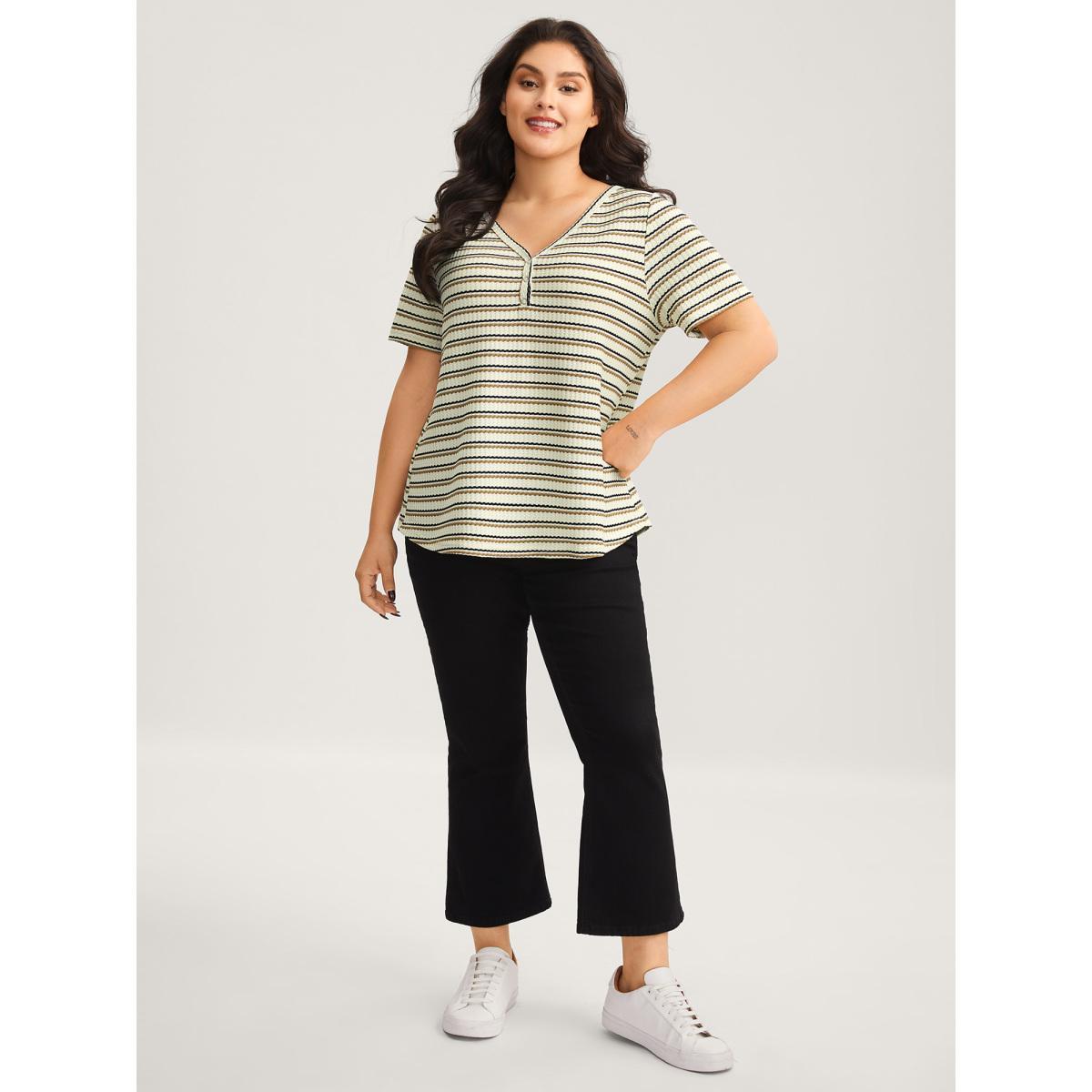 Plus Size Waffle Stripe Button Detail T-Shirt Apricot Women Texture V-neck Everyday-Casual T-shirts BloomChic 28/5X Product Image