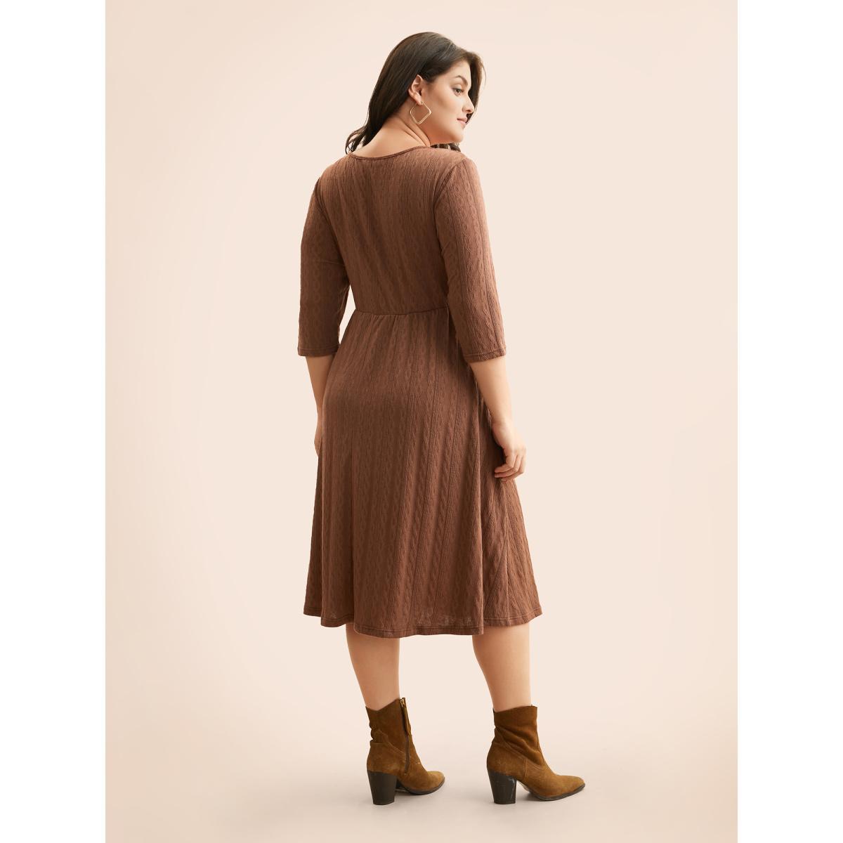Plus Size Plain Textured Button Detail Midi Dress Yellowishbrown Women Casual Texture V-neck Elbow-length sleeve Curvy BloomChic 28/5X Product Image