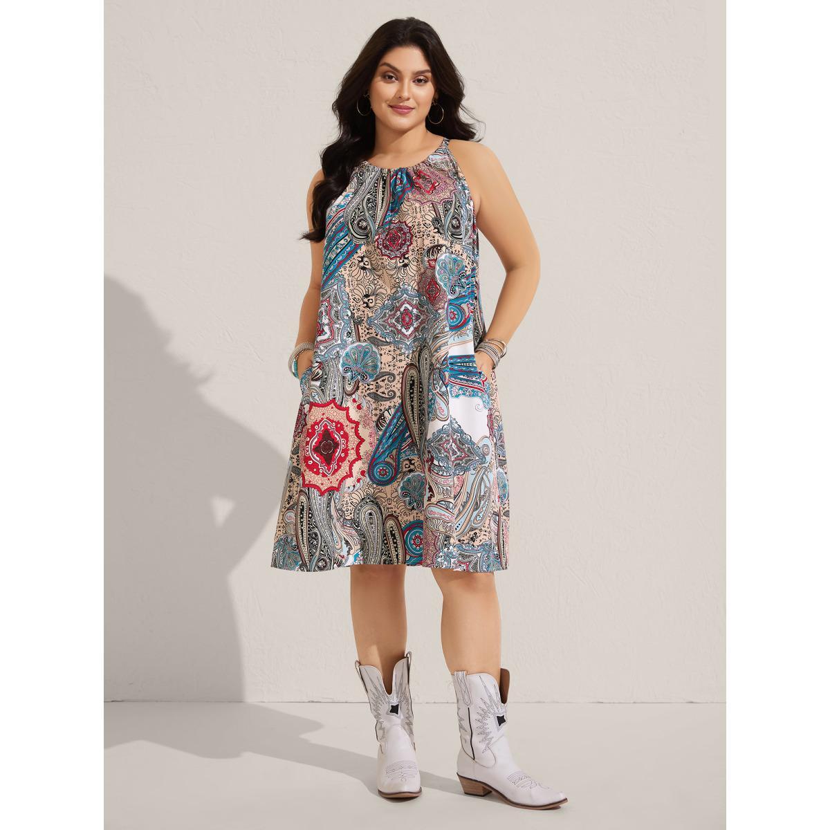 Plus Size Paisley Print Flowy A-Line Midi Dress Multicolor Women Round Neck Sleeveless Curvy BloomChic 12/L Product Image