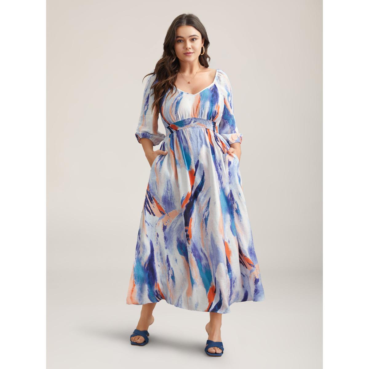 Plus Size Abstract Print Waist-Cinched Split Hem Maxi Dress Multicolor Women Elegant Gathered Heart neckline Elbow-length sleeve Curvy BloomChic 18-20/2X Product Image