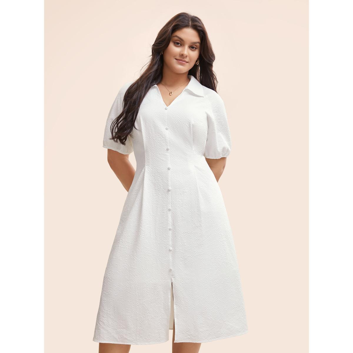 Plus Size Texture Shirt Collar Button Detail Split Front Dress Ivory Women At the Office Texture Shirt collar Half Sleeve Curvy BloomChic 12/L Product Image
