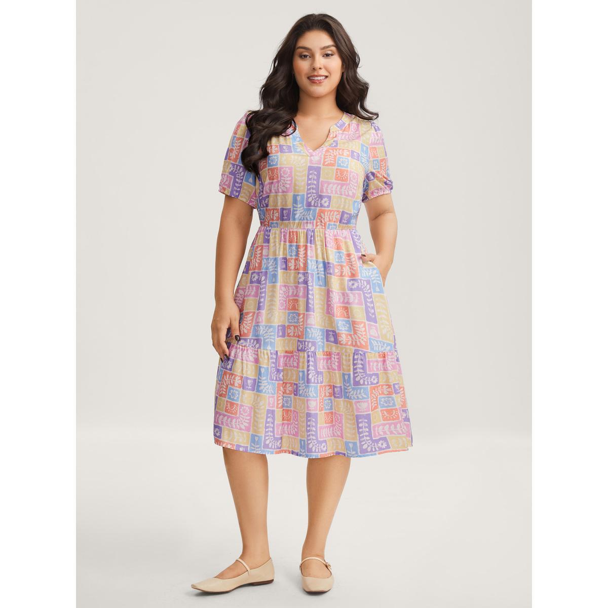 Plus Size Rayon Floral Collage Stretchy Waist Midi Dress Multicolor Women Flat collar with V-notch Short sleeve Curvy BloomChic 22-24/3X Product Image