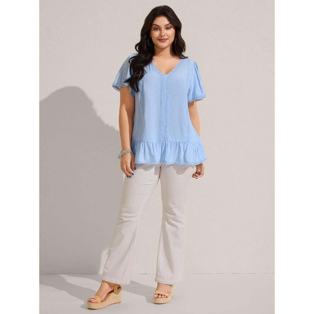 Plus Size LightBlue Rayon Lace Trim Spliced Blouse Women Short sleeve V-neck Vacation Blouses BloomChic 26/4X Product Image