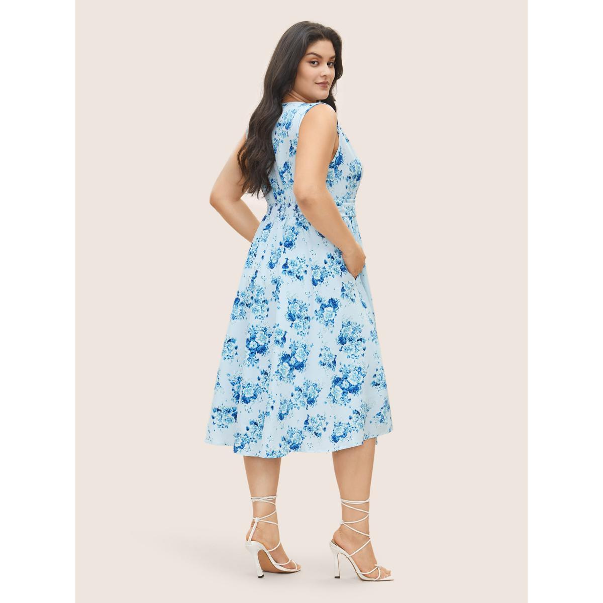 Plus Size Overlap Collar Floral Sleeveless Ruched Dress LightBlue Women Elegant Gathered Overlap Collar Sleeveless Curvy Midi Dress BloomChic 12/L Product Image