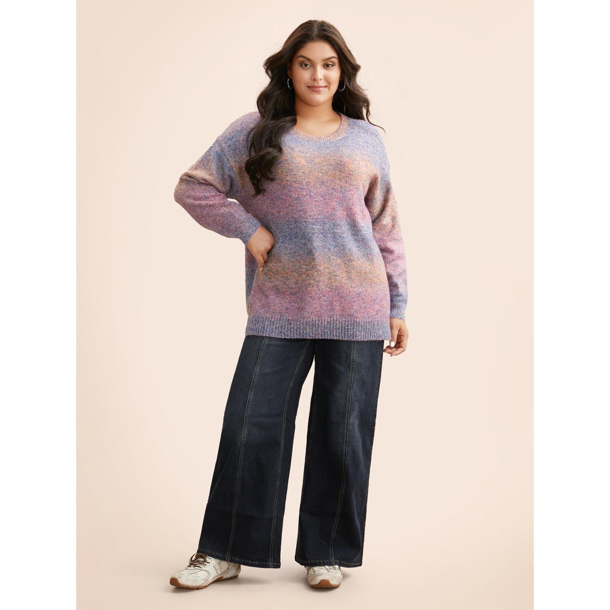 Plus Size Gradient Dyeing Round Neck Slit Hem Pullover Multicolor Women Casual Loose Long Sleeve Round Neck Everyday Pullovers BloomChic 12/L Product Image