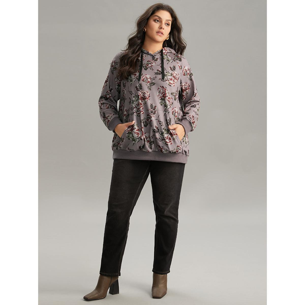Plus Size Floral Drawstring Hooded Kangaroo Pocket Sweatshirt Women Gray Elegant Printed Hooded Dailywear Sweatshirts BloomChic 12/L Product Image