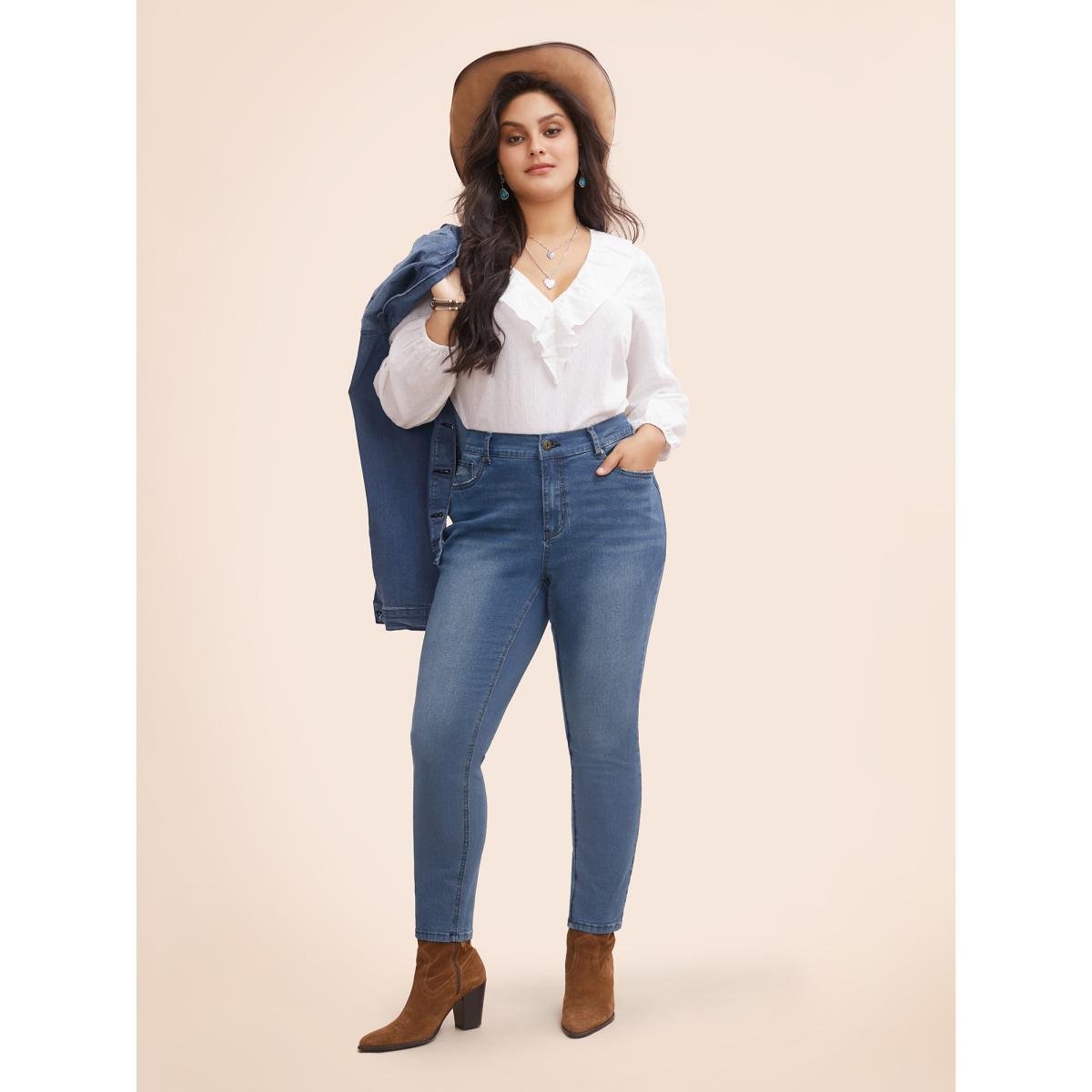 Plus Size Stretch Denim Pocket Distressing Slim-Fit Jeans Women Denimblue Casual Button Medium stretch Slanted pocket Jeans BloomChic 14/1X Product Image