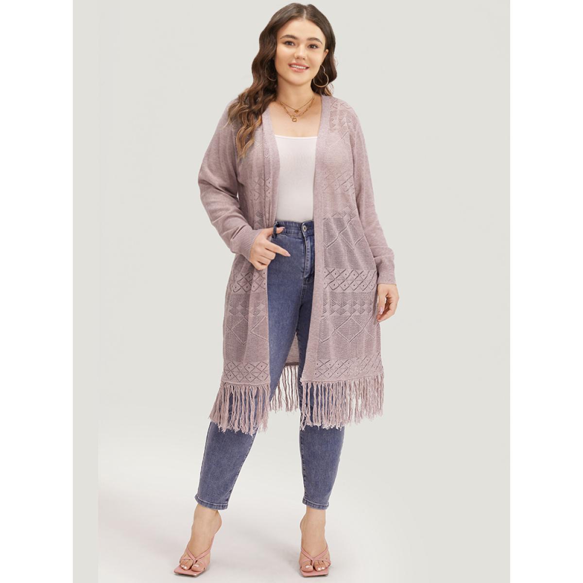 Plus Size Geometric Eyelet Fringe Trim Open Front Cardigan WhiteSmoke Women Casual Loose Long Sleeve Dailywear Cardigans BloomChic 26/4X Product Image