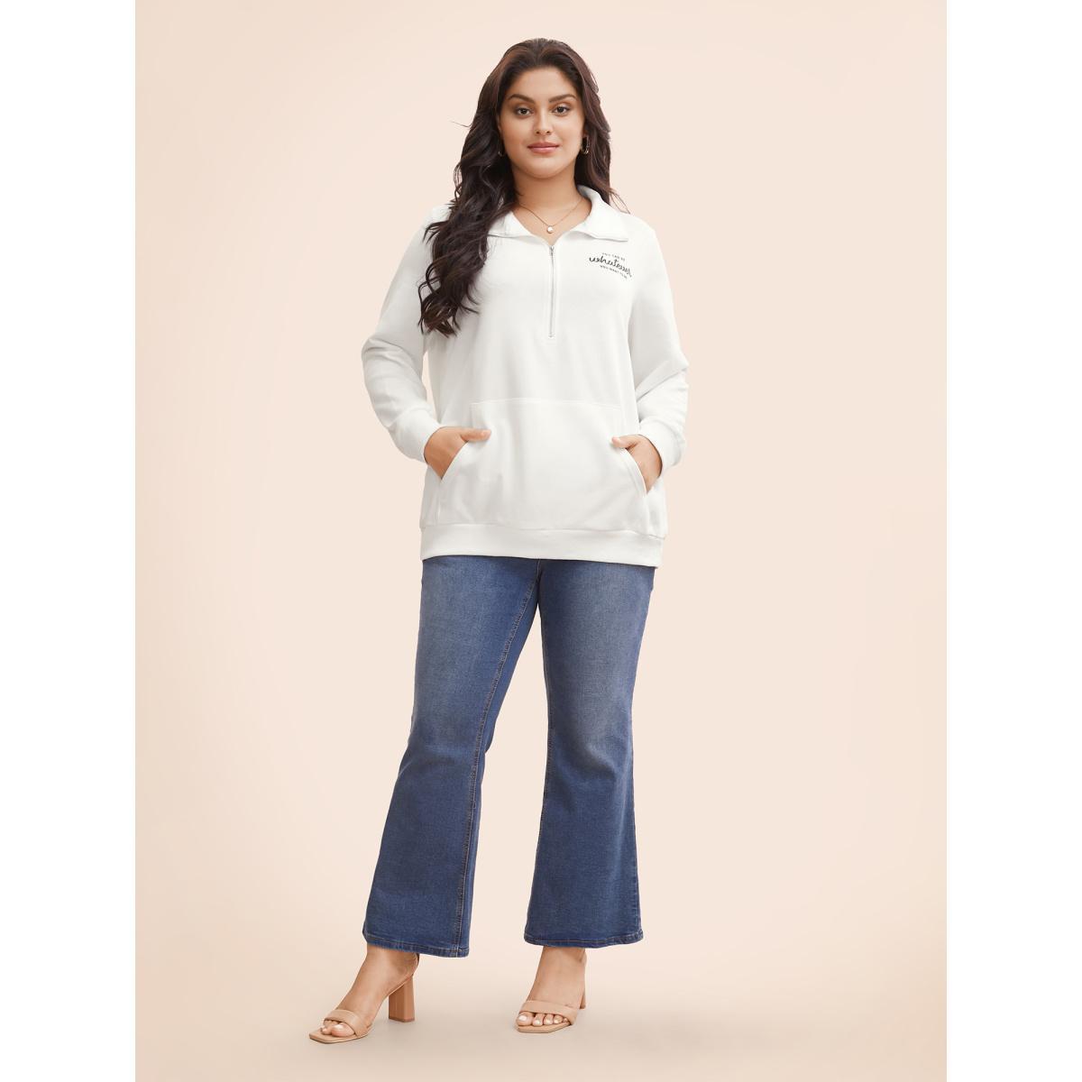Plus Size Letter Print Half Zip Kangaroo Pocket Sweatshirt Women Originalwhite Elegant Patchwork Polo Everyday Sweatshirts BloomChic 10/M Product Image