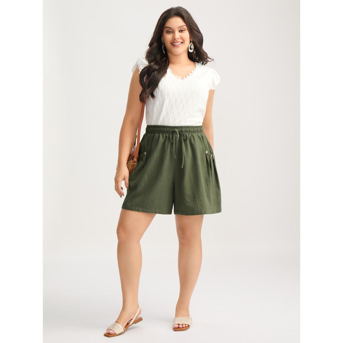 Plus Size Cotton Drawstring Waist Straight-Leg Shorts Women ArmyGreen Resort Drawstring Straight Leg Vacation Shorts BloomChic 14-16/1X Product Image