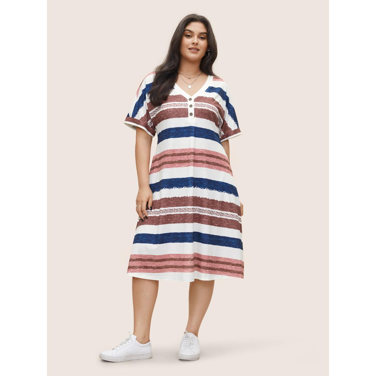 Plus Size Contrast Striped Button Detail Pocket Dress Multicolor Women Casual Non V-neck Short sleeve Curvy Midi Dress BloomChic 12/L Product Image