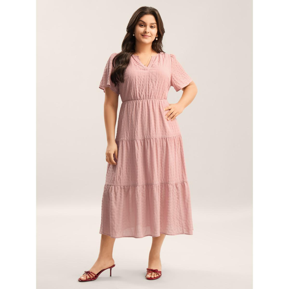 Plus Size Textured A-Line Split Neck Tiered Midi Dress Dirtypink Women Flat collar with V-notch Cap Sleeve Curvy BloomChic 18-20/2X Product Image