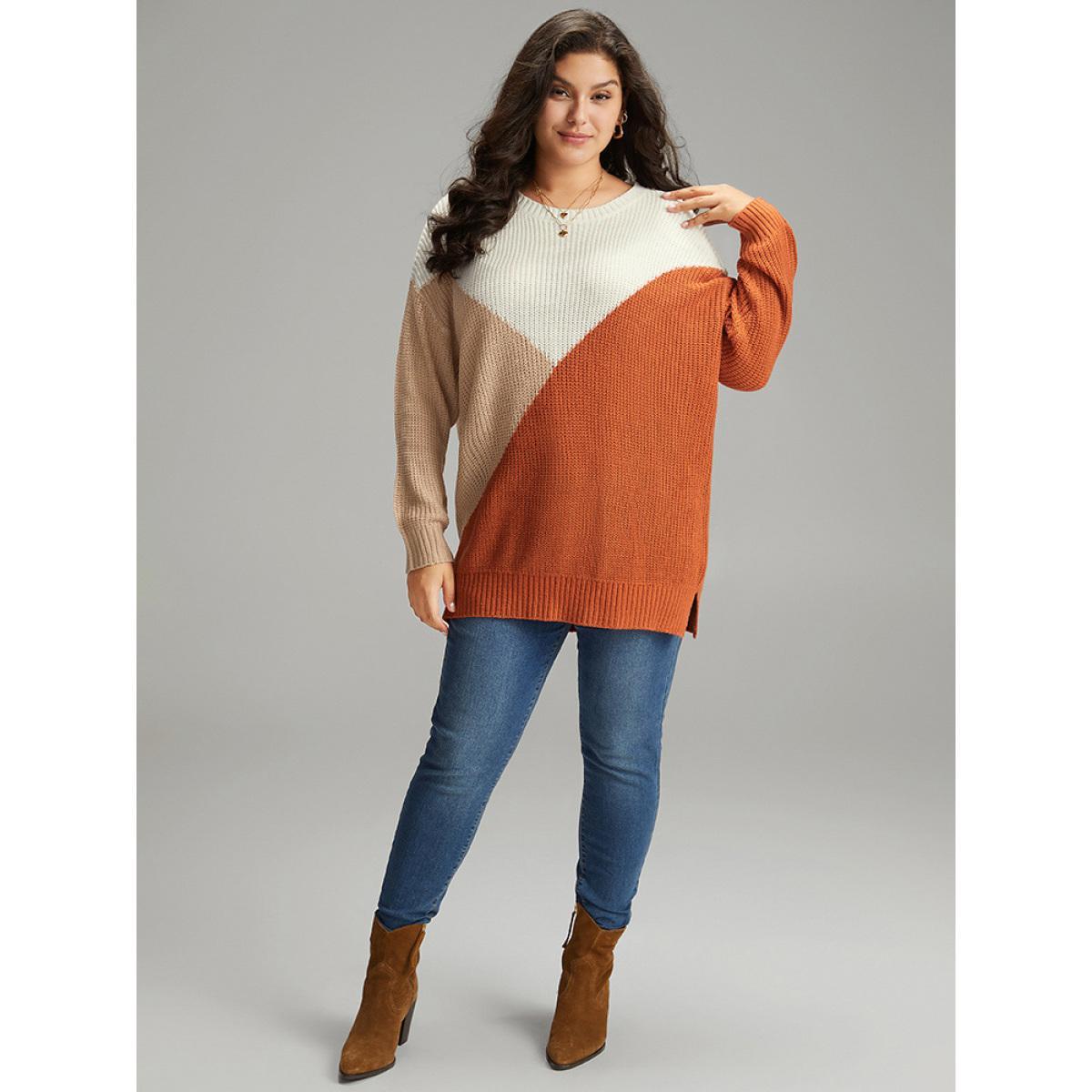 Plus Size Colorblock Split Side Drop Shoulder Pullover Multicolor Women Casual Loose Long Sleeve Round Neck Dailywear Pullovers BloomChic 22-24/3X Product Image