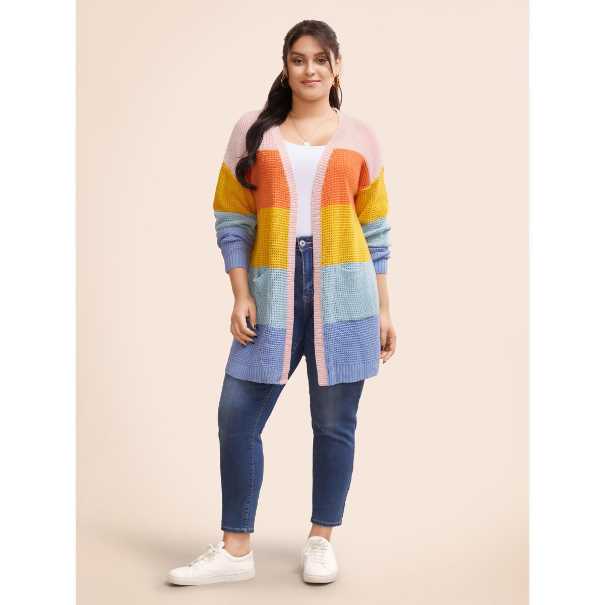 Plus Size Colorblock Contrast Drop Shoulder Pocket Cardigan Multicolor Women Casual Loose Long Sleeve Everyday Cardigans BloomChic 12/L Product Image