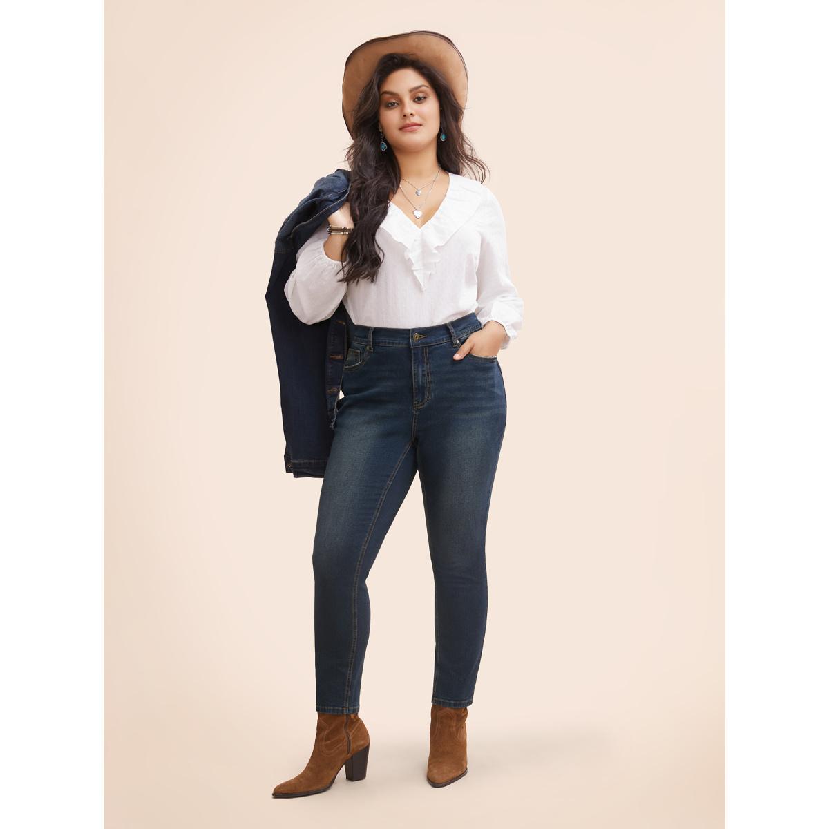 Plus Size Stretch Denim Pocket Distressing Slim-Fit Jeans Women Bluevintage Casual Button Medium stretch Slanted pocket Jeans BloomChic 30/6X Product Image