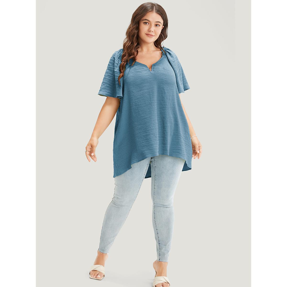 Plus Size Aegean Plain Notched High Low Hem Ruffle Sleeve Frill Trim Blouse Women Elegant Short sleeve V-neck Dailywear Blouses BloomChic 14-16/1X Product Image