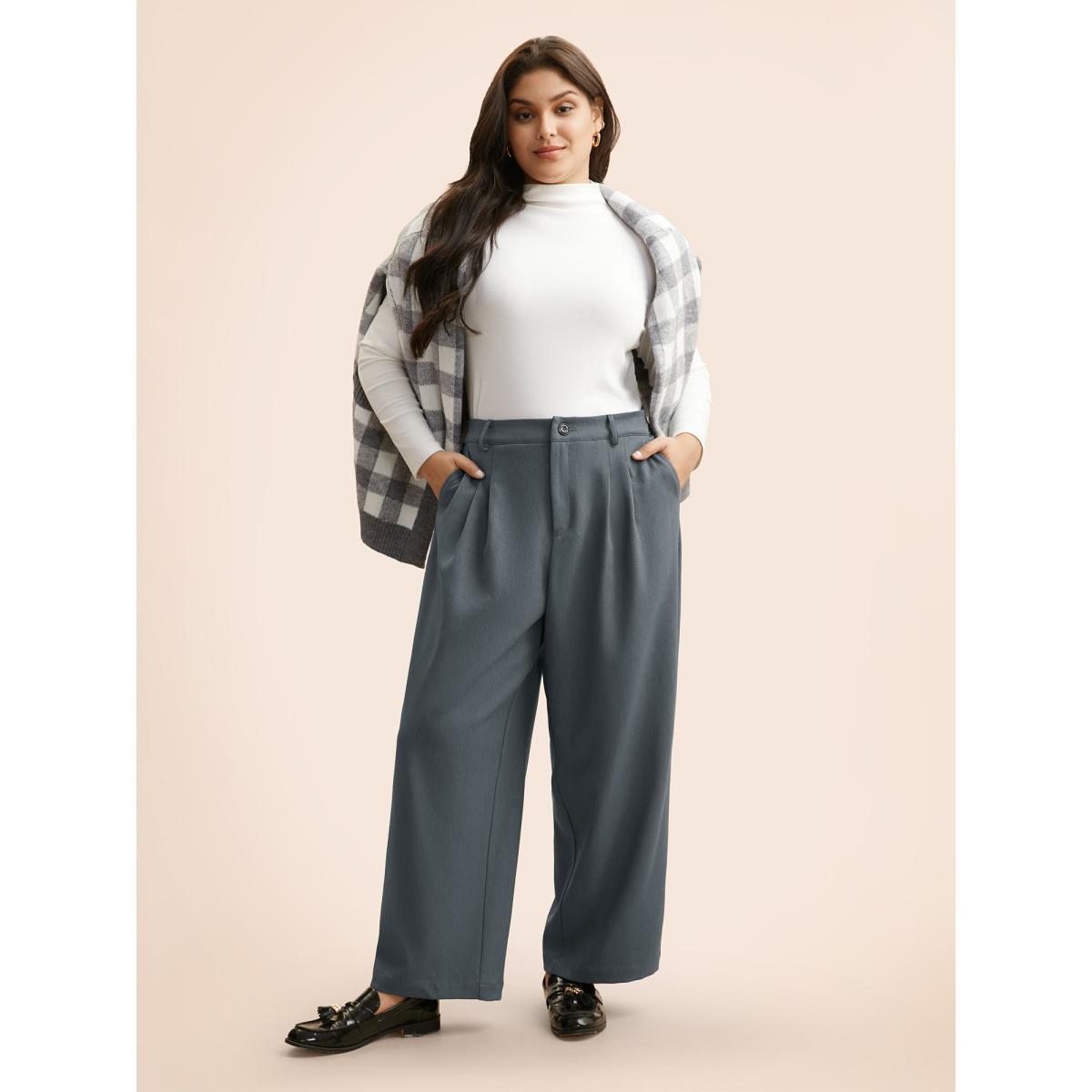 Plus Size Mid Rise Pleated Straight Leg Pants Women SlateGray Workwear Essentials Straight Leg Mid Rise Work Pants BloomChic 18-20/2X Product Image
