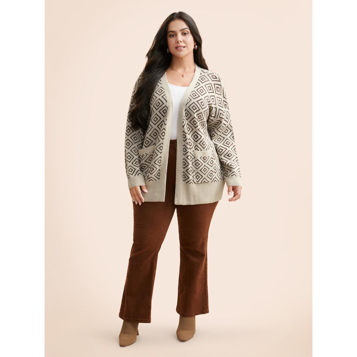 Plus Size Geometric Drop Shoulder Patch Pocket Cardigan WhiteSmoke Women Casual Loose Long Sleeve Everyday Cardigans BloomChic 18-20/2X Product Image