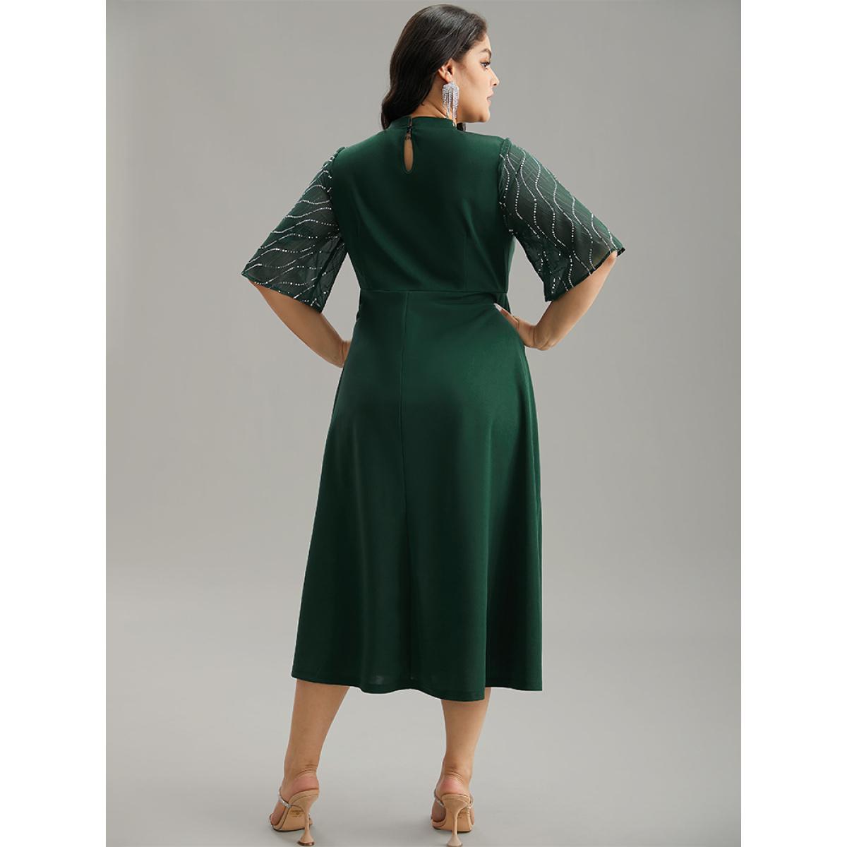 Plus Size Plain Mesh Sequin Patchwork Ruffle Sleeve Dress DarkGreen Women Party Sequin Stand-up collar Short sleeve Curvy Midi Dress BloomChic 18-20/2X Product Image