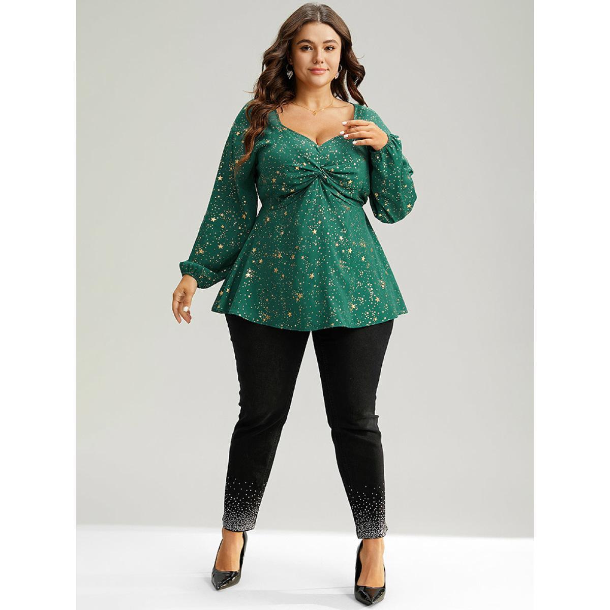 Plus Size DarkGreen Star Glitter Square Neck Twist Front Blouse Women Glamour Long Sleeve Square Neck Festival-Christmas Blouses BloomChic 14-16/1X Product Image