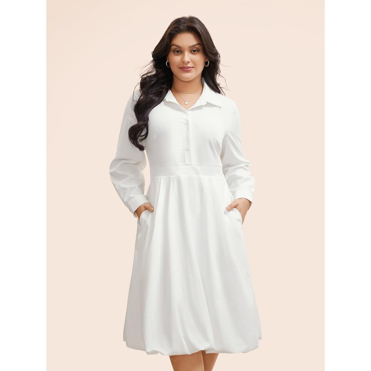 Plus Size Plain Shirt Collar Shirred Bubble Dress Originalwhite Women Elegant Button Shirt collar Long Sleeve Curvy BloomChic 14-16/1X Product Image