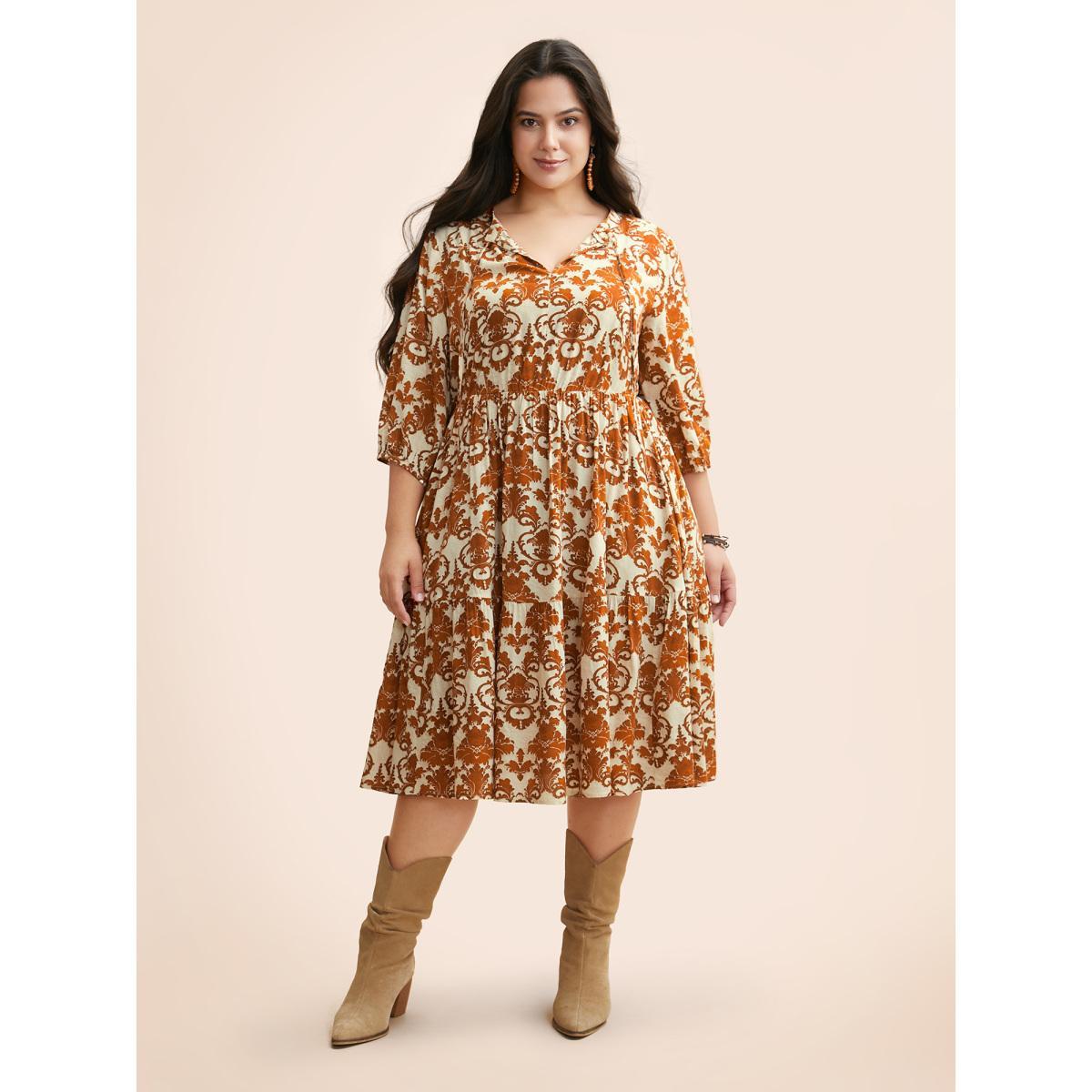 Plus Size Damask Print Tie Knot Puff Sleeve Dress Russet Women Resort Tie knot V-neck Elbow-length sleeve Curvy BloomChic 26/4X Product Image