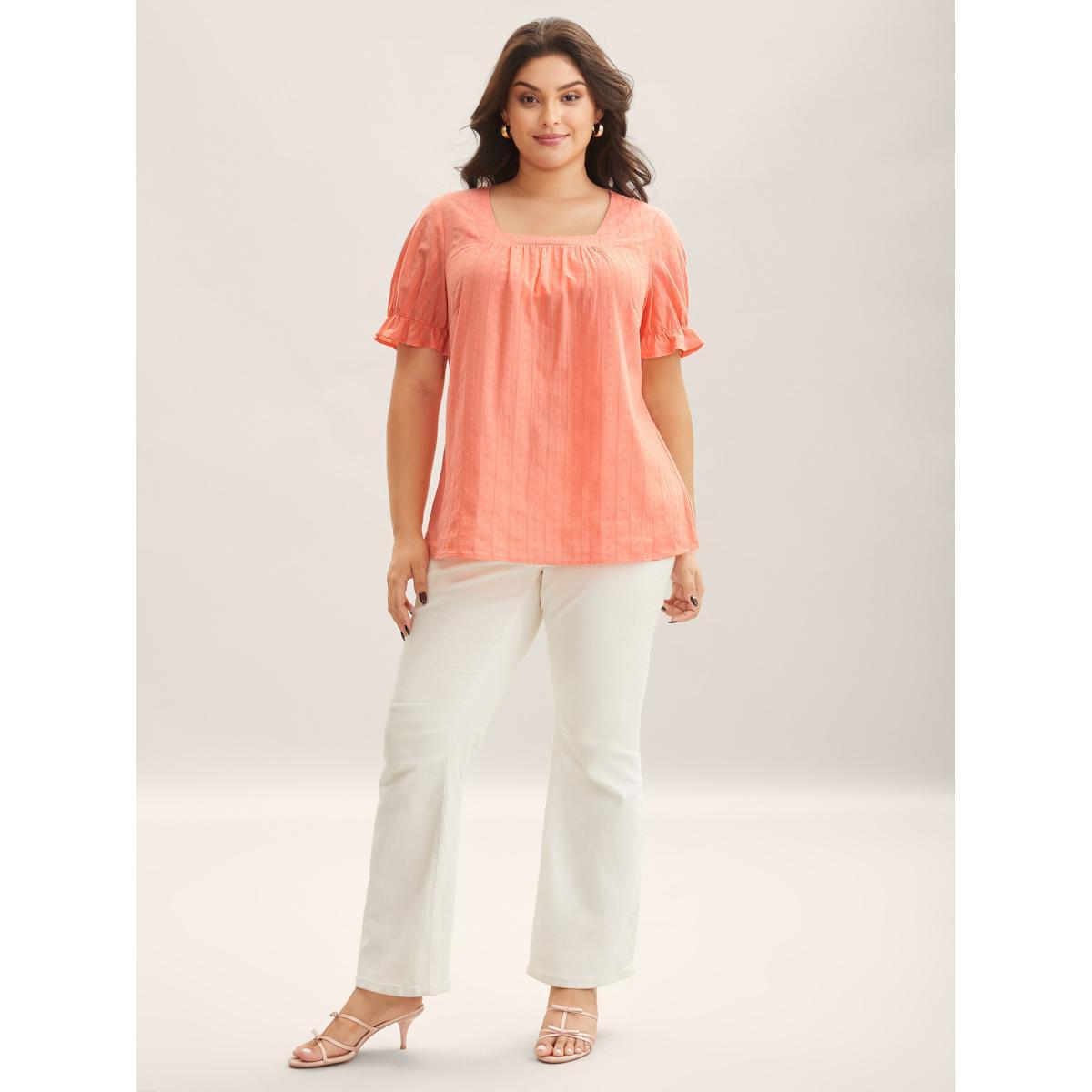 Plus Size Salmon Cotton Square Neck Ruffled Sleeve Shirt Women Elegant Short sleeve Square Neck Everyday Blouses BloomChic 12/L Product Image