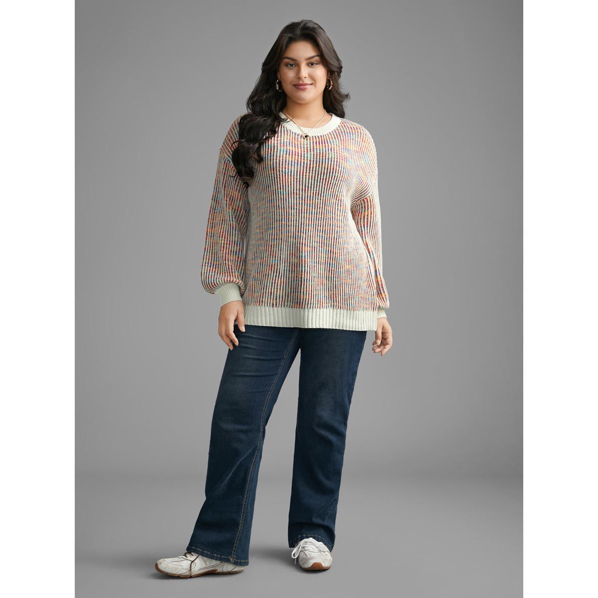 Plus Size Round Neck Texture Contrast Heather Pullover Beige Women Casual Loose Long Sleeve Round Neck Everyday Pullovers BloomChic 12/L Product Image