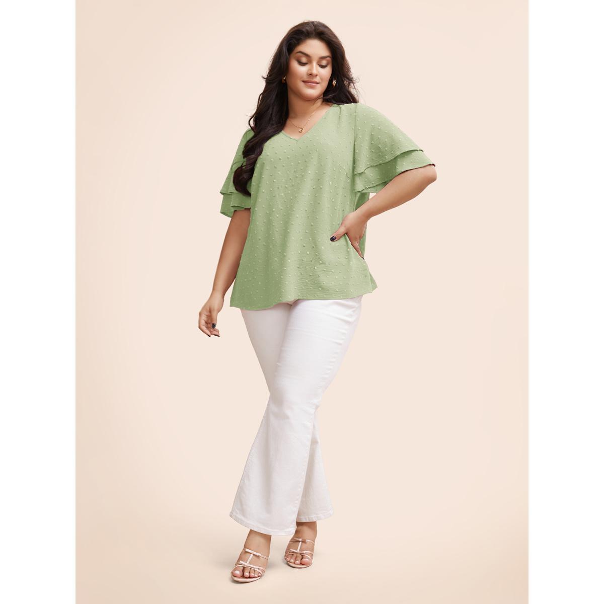 Plus Size Mint Plain Ruffle Tiered Sleeve V Neck Polka Dot Blouse Women Elegant Short sleeve V-neck Everyday Blouses BloomChic 30/6X Product Image