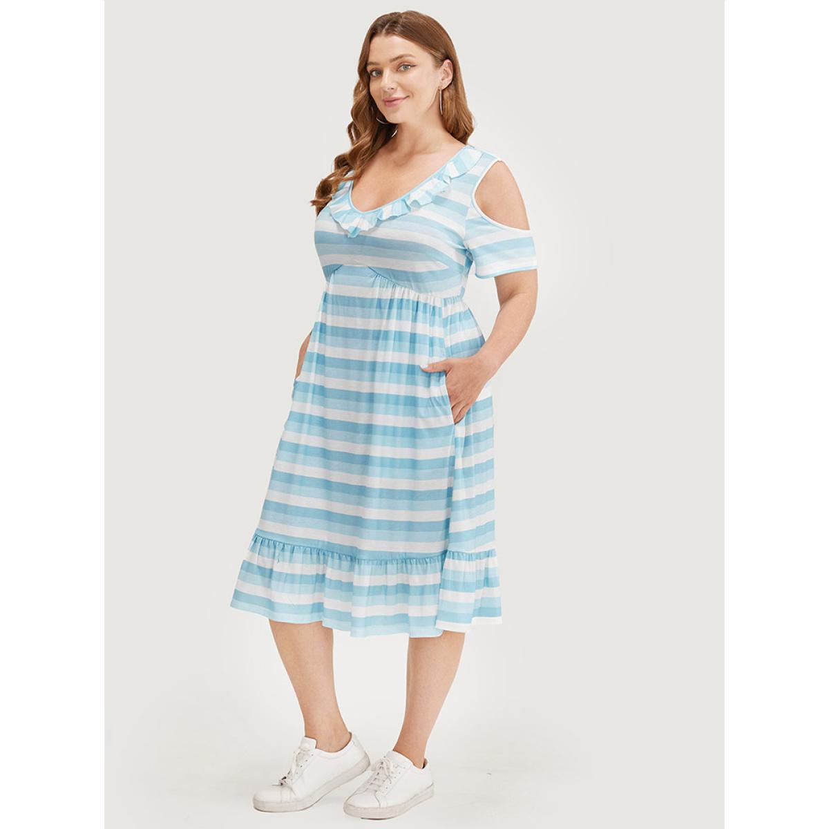 Plus Size Striped Contrast Pocket Ruffle Trim Cold Shoulder Dress LightBlue Women Casual Contrast Cold Shoulder Short sleeve Curvy Midi Dress BloomChic 28/5X Product Image