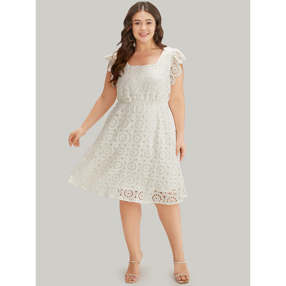 Plus Size Plain Lace Flutter Trim Pocket Square Neck Dress White Women Glamour Lined Square Neck Sleeveless Curvy Midi Dress BloomChic 30/6X Product Image