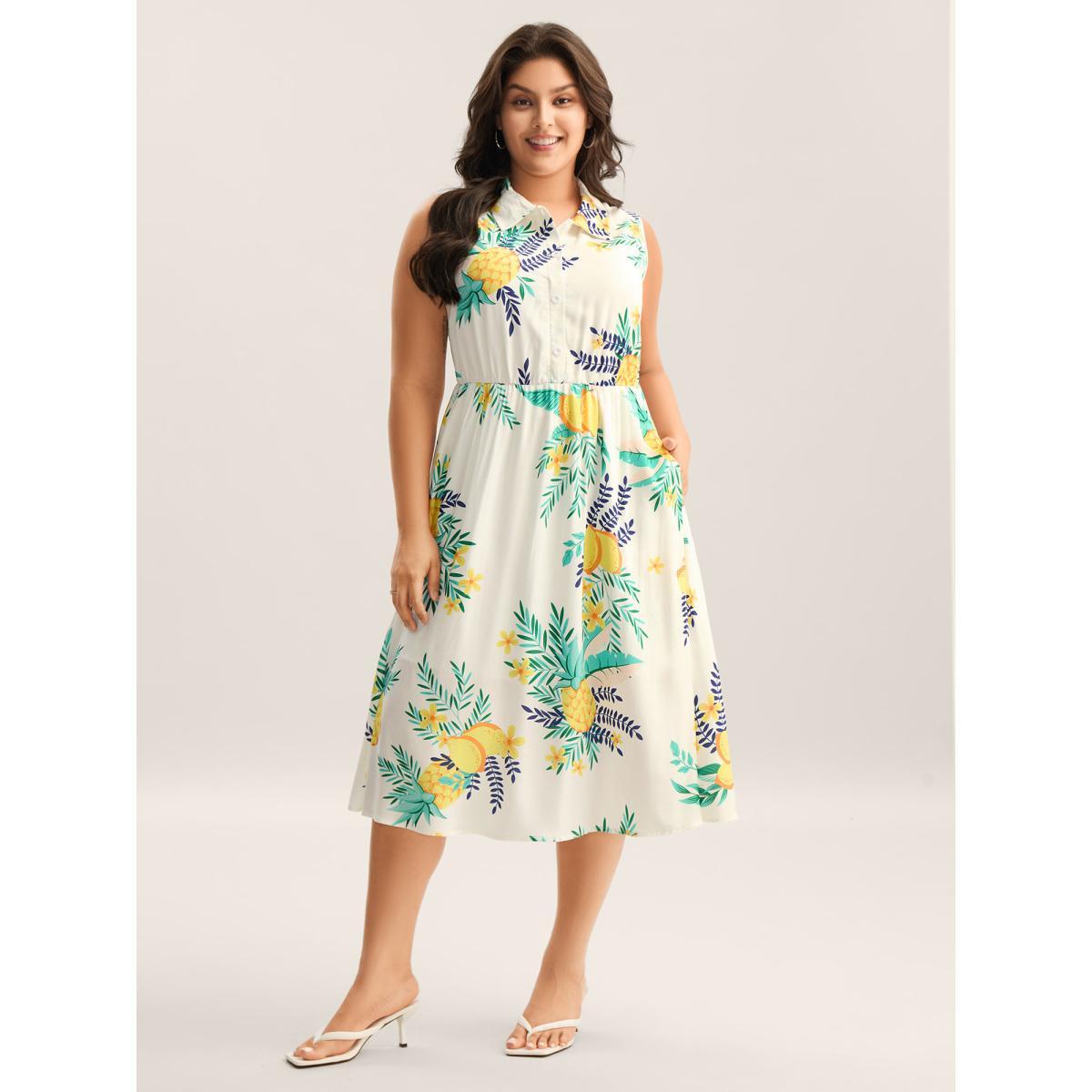 Plus Size Rayon Fruit Print Collar Pockets Midi Dress Emerald Women Shirt collar Sleeveless Curvy BloomChic 26/4X Product Image