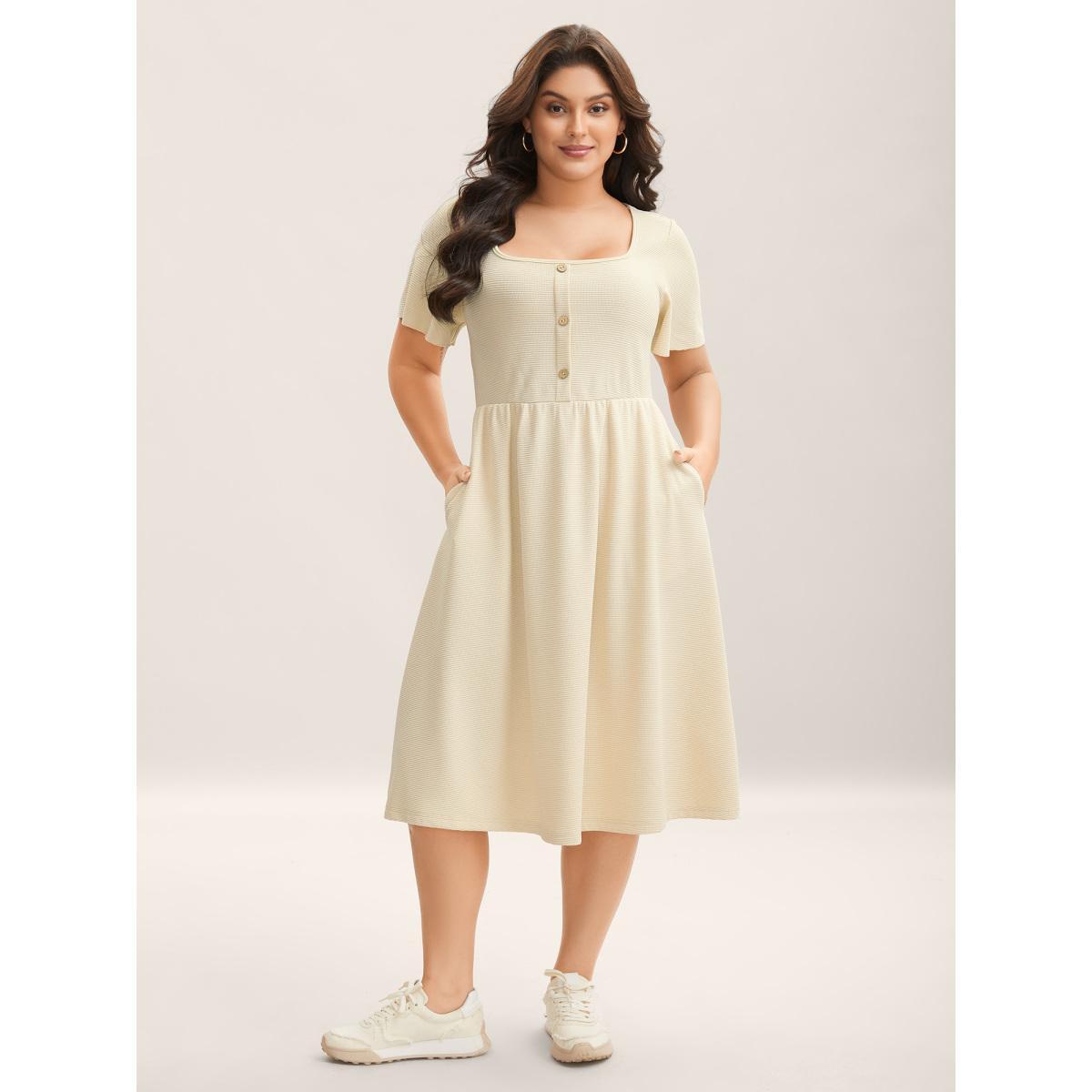 Plus Size Waffle Button Detail Round Neck Midi Dress Apricot Women Elegant Texture Square Neck Short sleeve Curvy BloomChic 18-20/2X Product Image