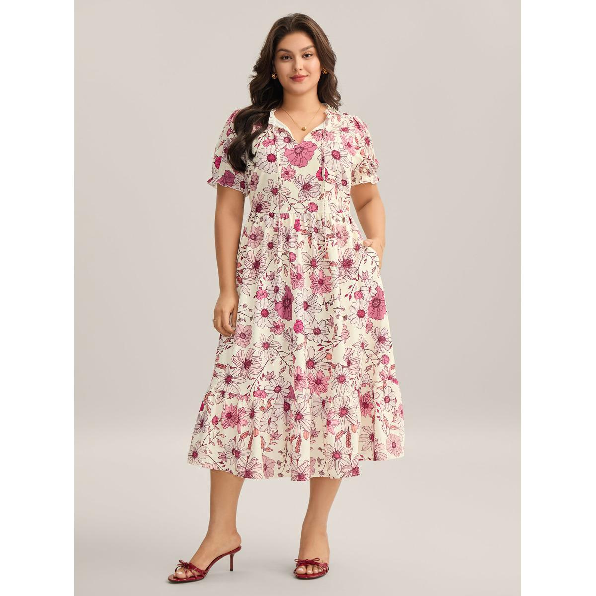Plus Size Floral Print Neck Tie Tiered Maxi Dress Blush Women Flat collar with V-notch Short sleeve Curvy BloomChic 18-20/2X Product Image