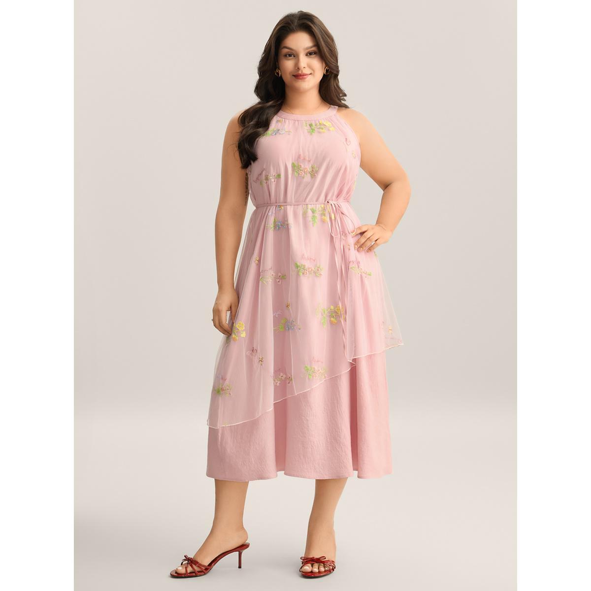 Plus Size Embroidered Mesh Halter Neck Midi Dress MistyRose Women Round Neck Sleeveless Curvy BloomChic 12/L Product Image
