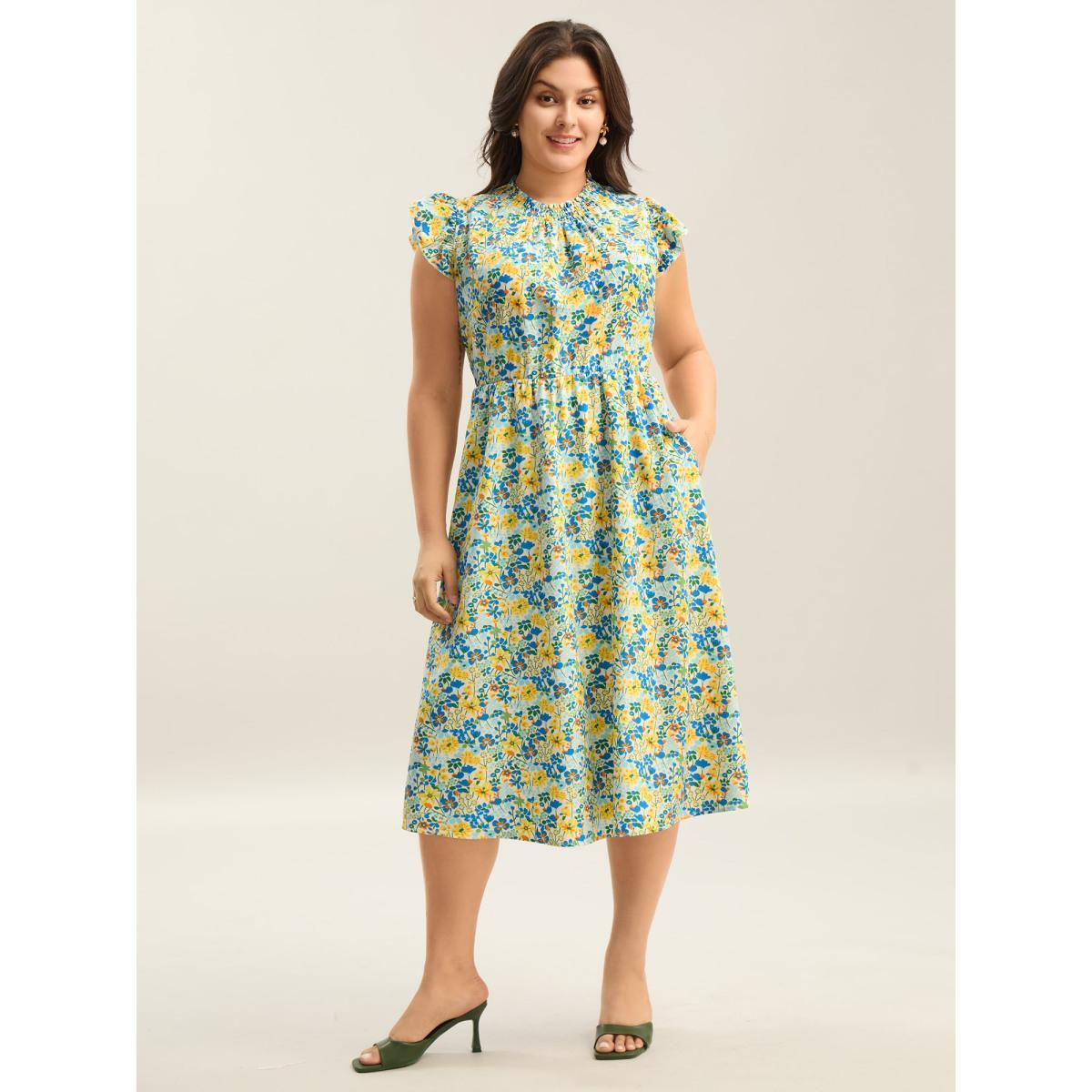 Plus Size Floral Print Shirred Pockets Midi Dress Skyblue Women Elegant Frill Trim Mock Neck Cap Sleeve Curvy BloomChic 14-16/1X Product Image