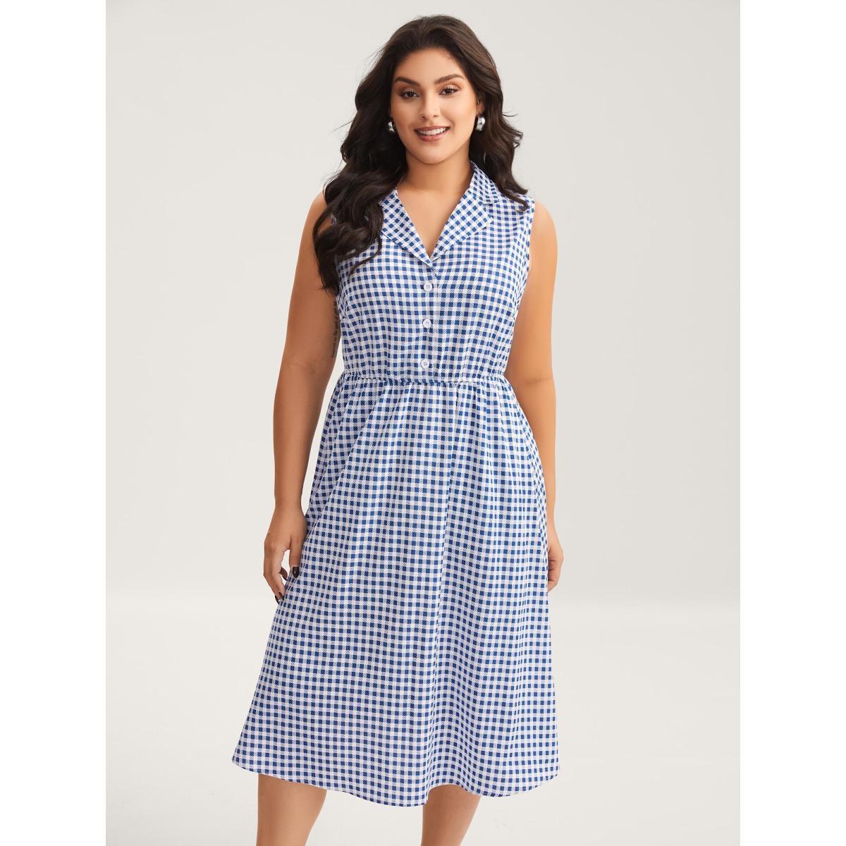 Plus Size Plaid Print Button Pockets Midi Dress Mediumblue Women Suit Collar Sleeveless Curvy BloomChic 14-16/1X Product Image