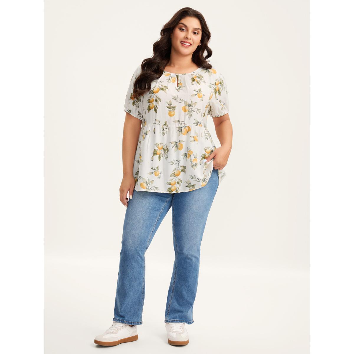 Plus Size Apricot Citrus Print Bow Backless Blouse Women Short sleeve Round Neck Everyday-Casual Blouses BloomChic 10/M Product Image