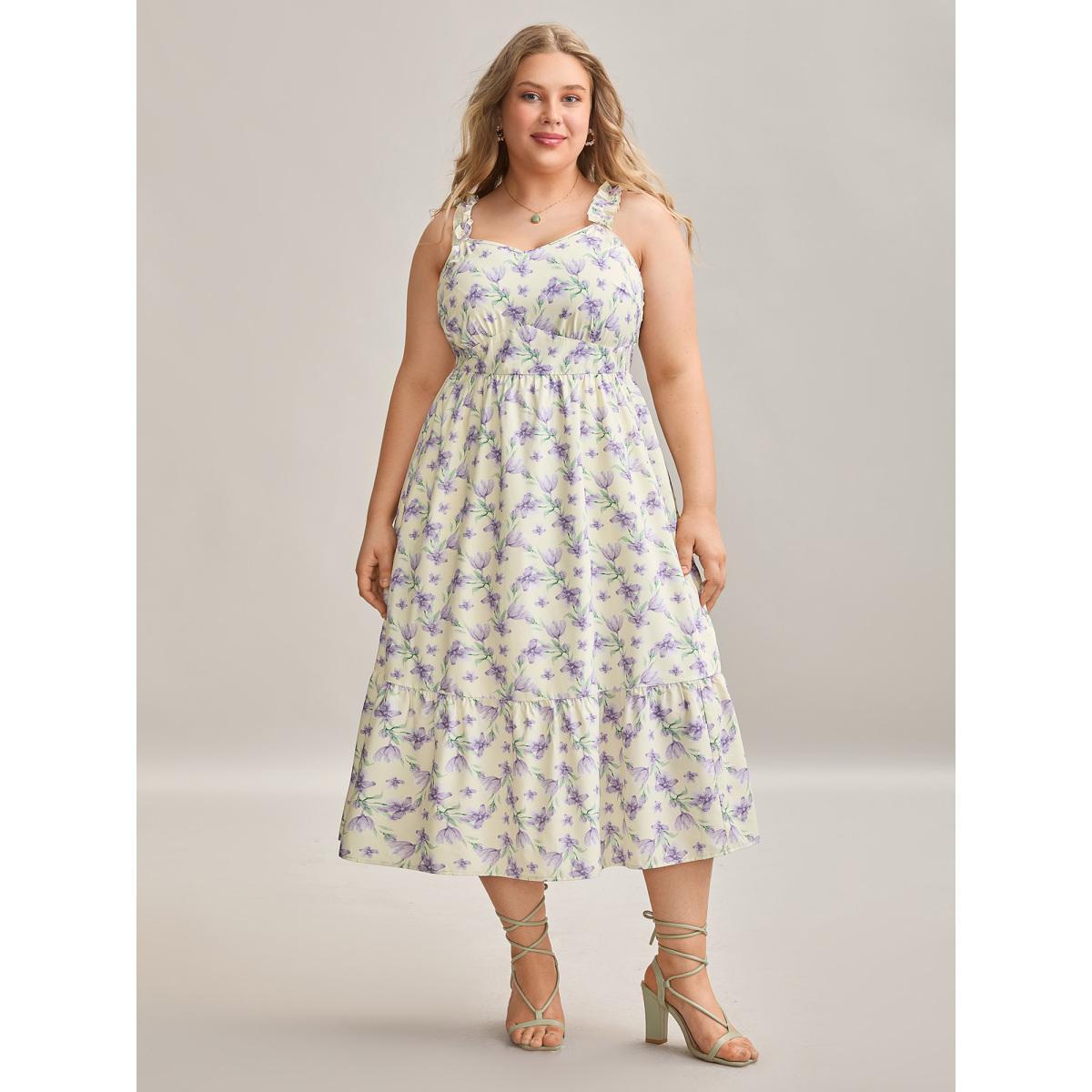 Plus Size Vine Floral Pockets Stretchy Waist Midi Dress Lightyellow Women Elegant Gathered V-neck Sleeveless Curvy BloomChic 30/6X Product Image