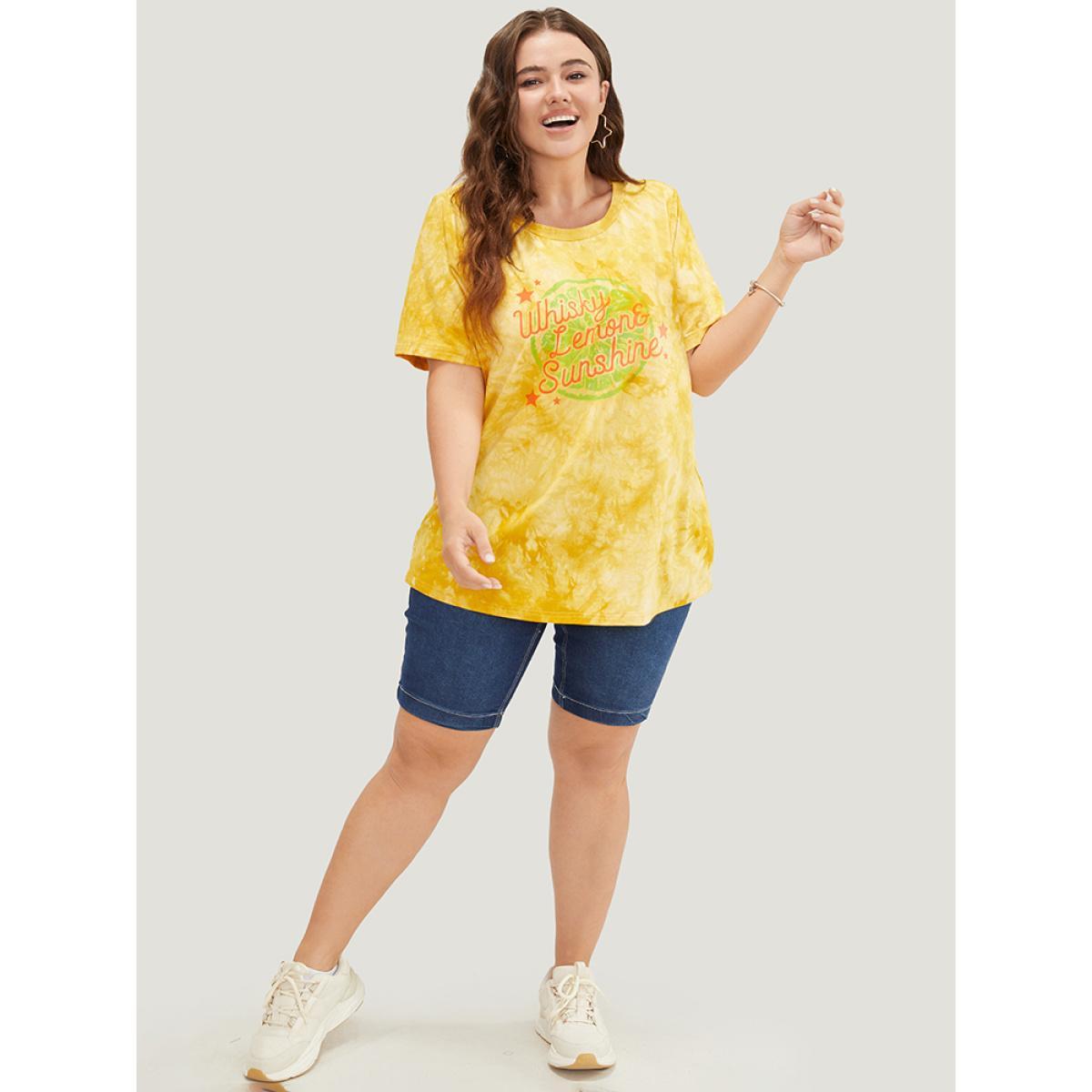 Plus Size Lemon & Letter Print Crew Neck Tie Dye T-shirt Yellow Women Casual Graphic Dailywear T-shirts BloomChic 14-16/1X Product Image
